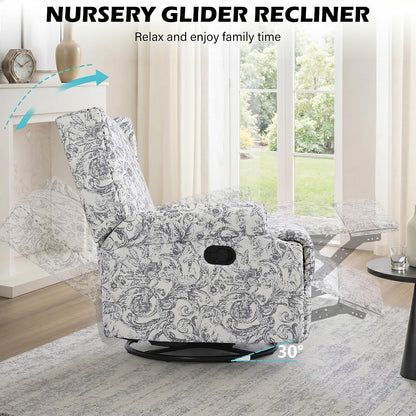 Swivel Rocker Recliner Chair, Floral Wingback Armchair, Navy