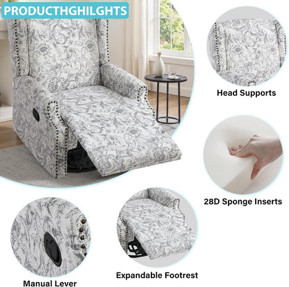 Swivel Rocker Recliner Chair, Floral Wingback Armchair, Navy