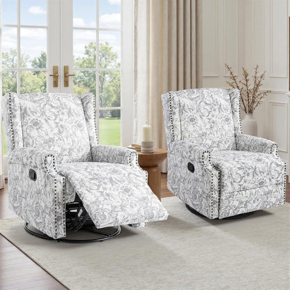 Swivel Rocker Recliner Chair, Floral Wingback Armchair, Navy