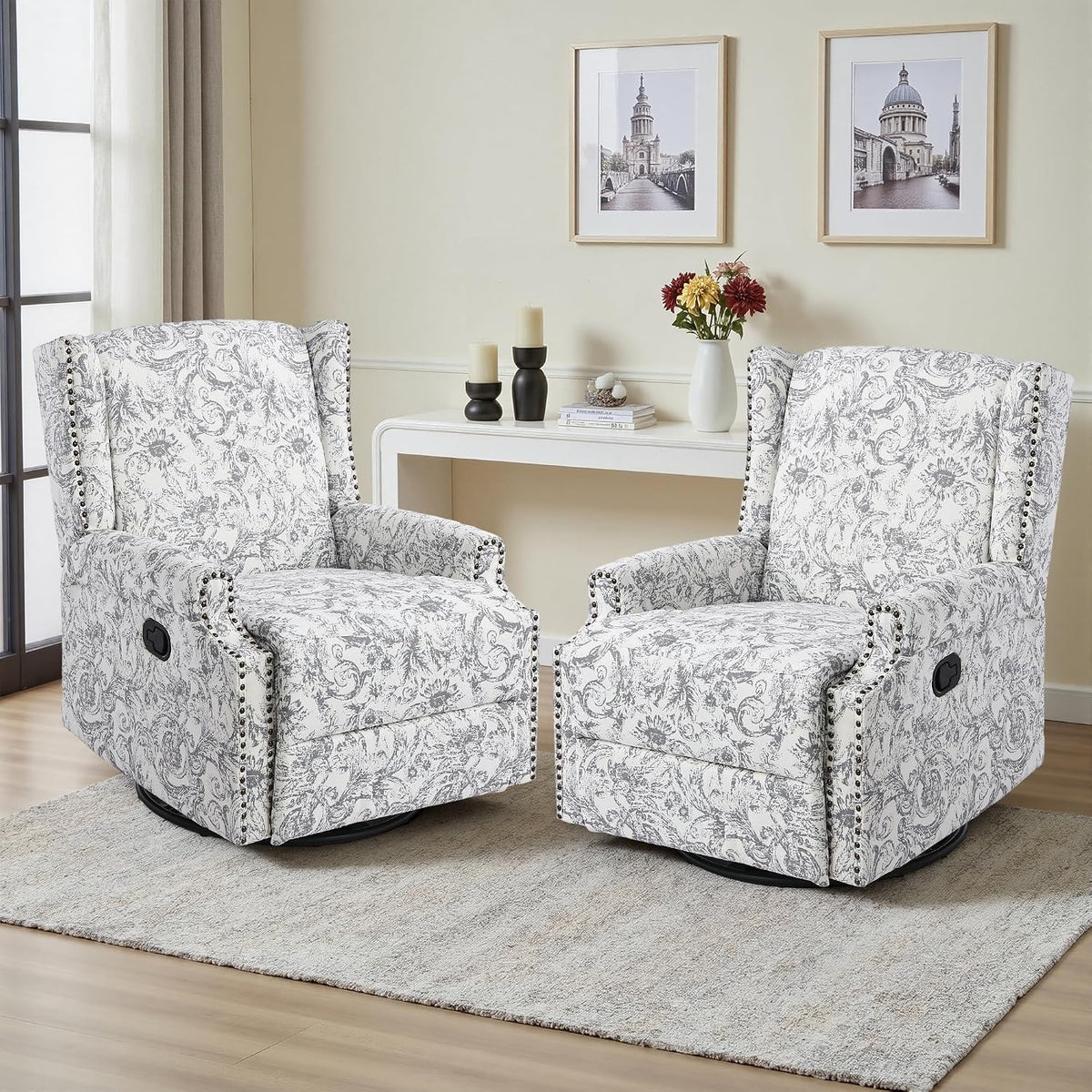 Swivel Rocker Recliner Chair, Floral Wingback Armchair, Navy