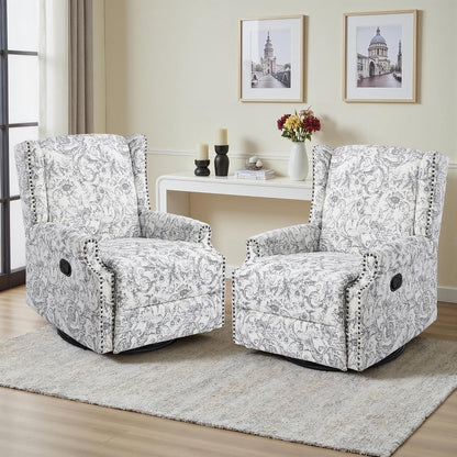 Swivel Rocker Recliner Chair, Floral Wingback Armchair, Navy