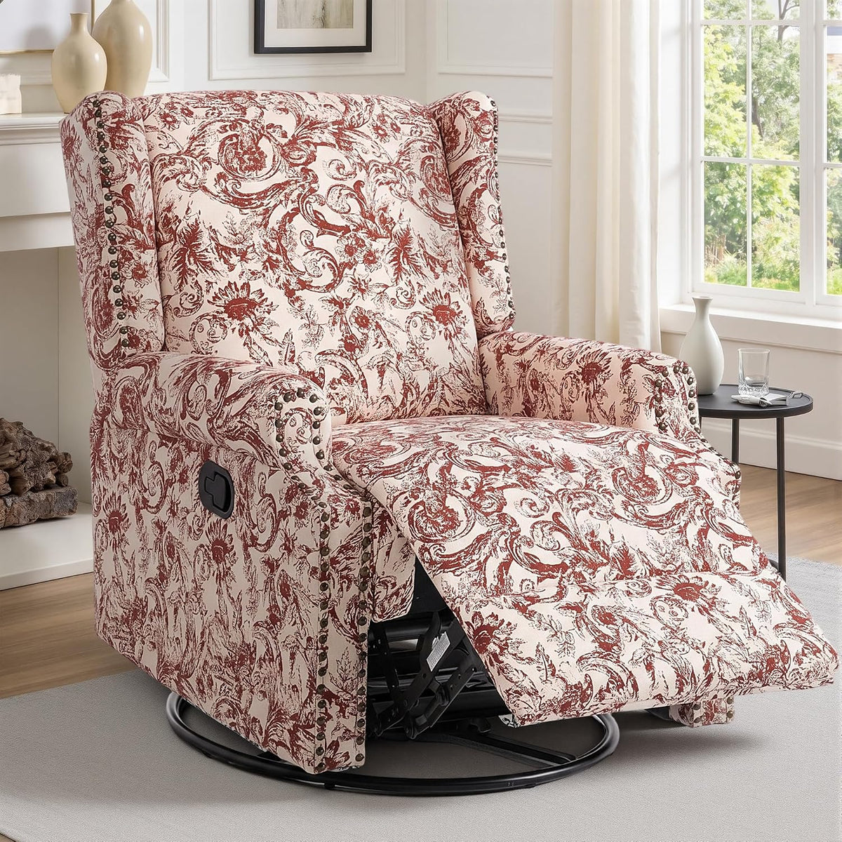 Swivel Rocker Recliner Chair, Floral Wingback Armchair, Navy
