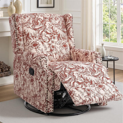 Swivel Rocker Recliner Chair, Floral Wingback Armchair, Navy