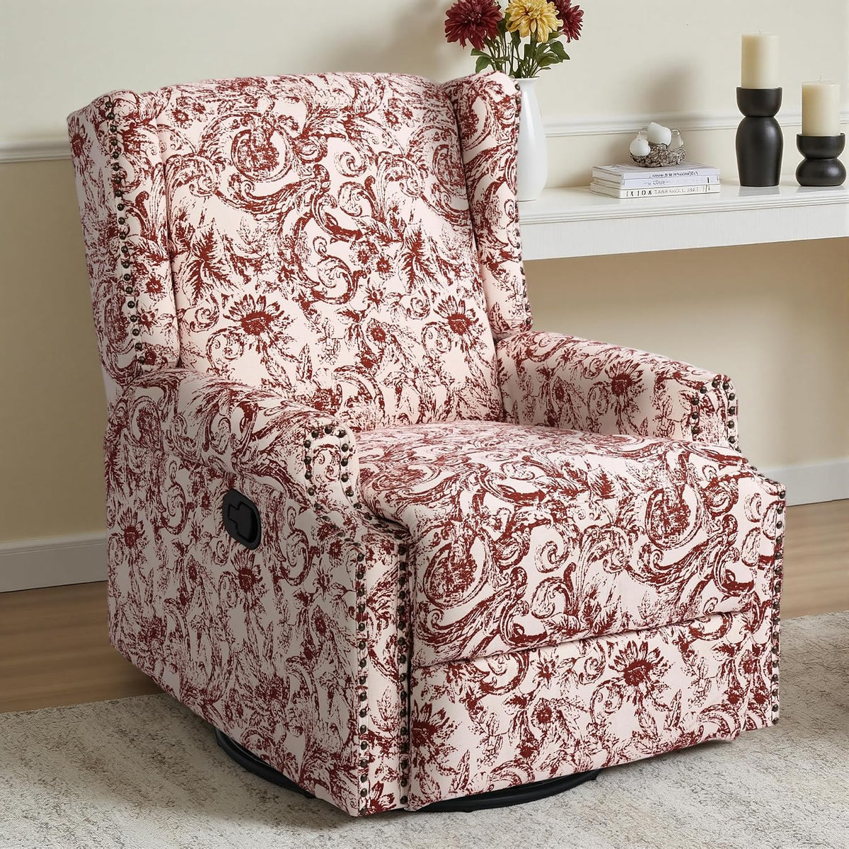 Swivel Rocker Recliner Chair, Floral Wingback Armchair, Navy