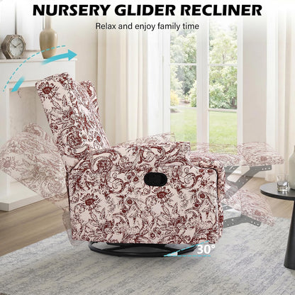 Swivel Rocker Recliner Chair, Floral Wingback Armchair, Navy