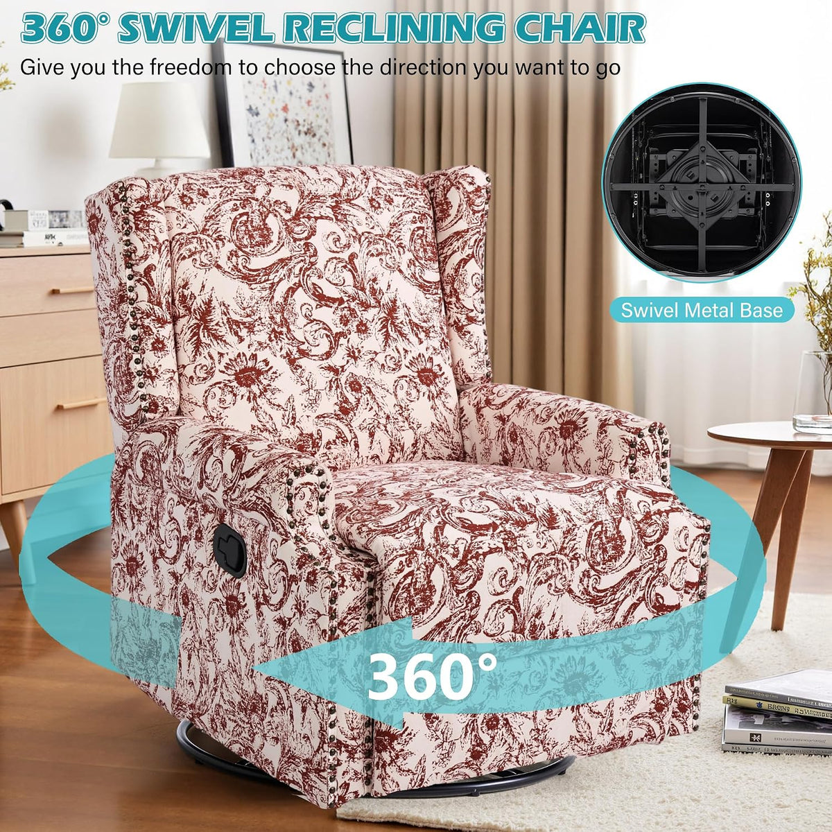 Swivel Rocker Recliner Chair, Floral Wingback Armchair, Navy