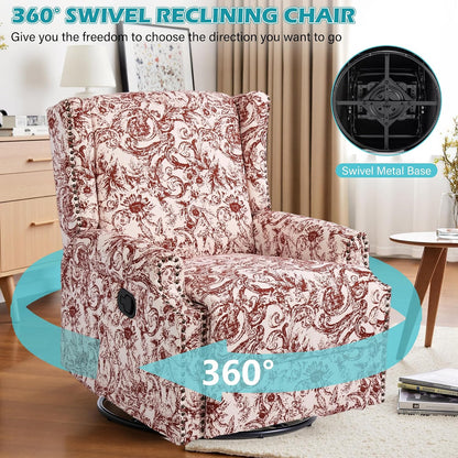 Swivel Rocker Recliner Chair, Floral Wingback Armchair, Navy