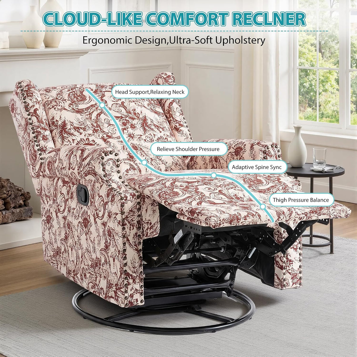 Swivel Rocker Recliner Chair, Floral Wingback Armchair, Navy