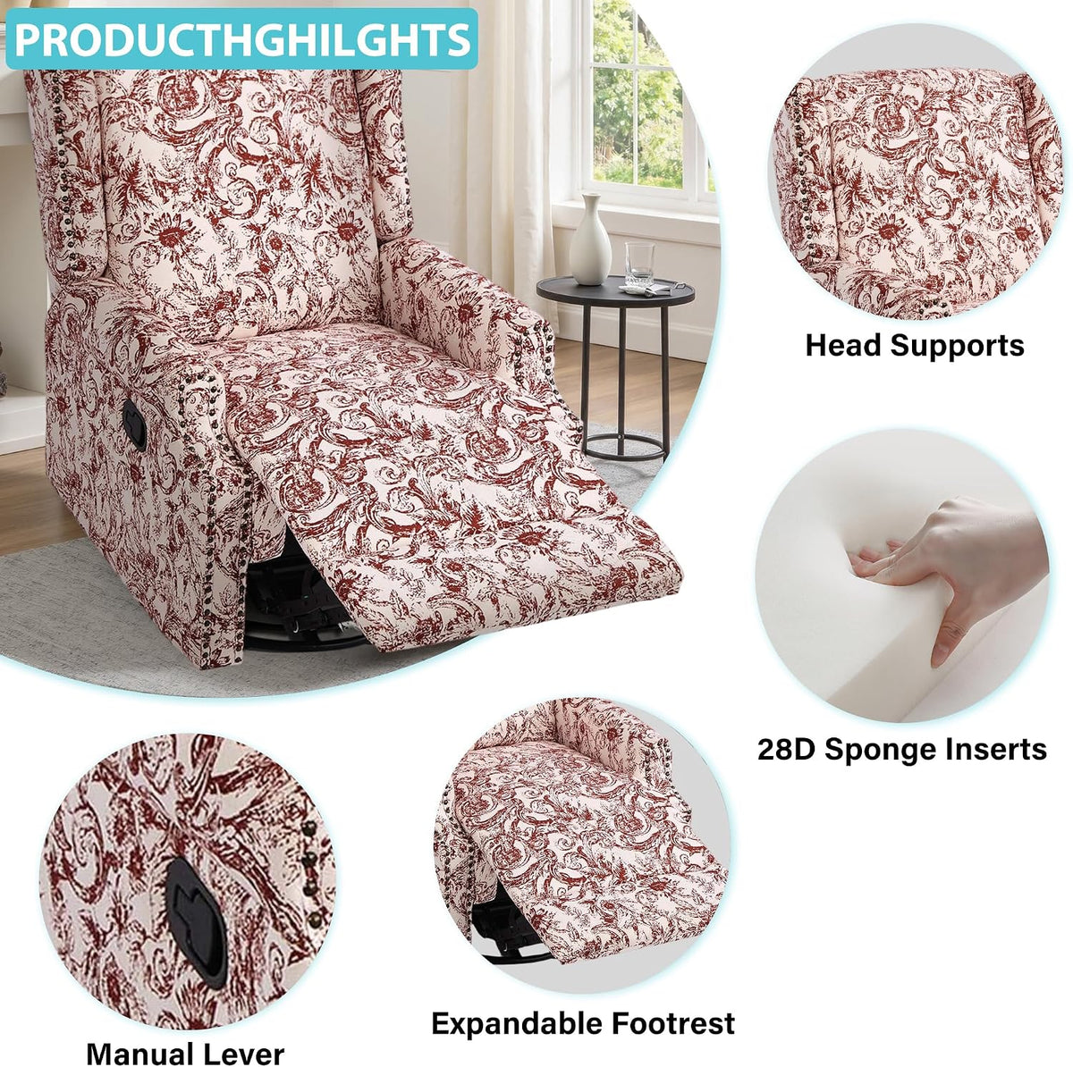 Swivel Rocker Recliner Chair, Floral Wingback Armchair, Navy