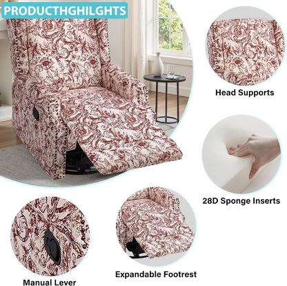 Swivel Rocker Recliner Chair, Floral Wingback Armchair, Navy