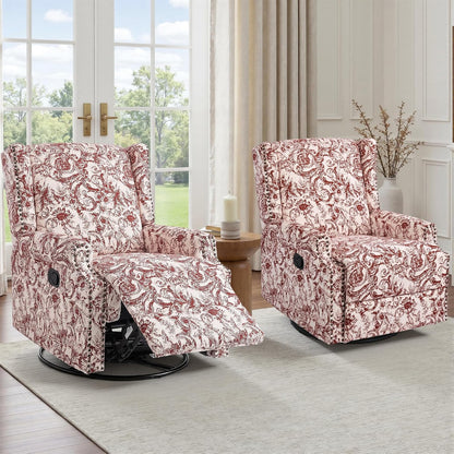 Swivel Rocker Recliner Chair, Floral Wingback Armchair, Navy