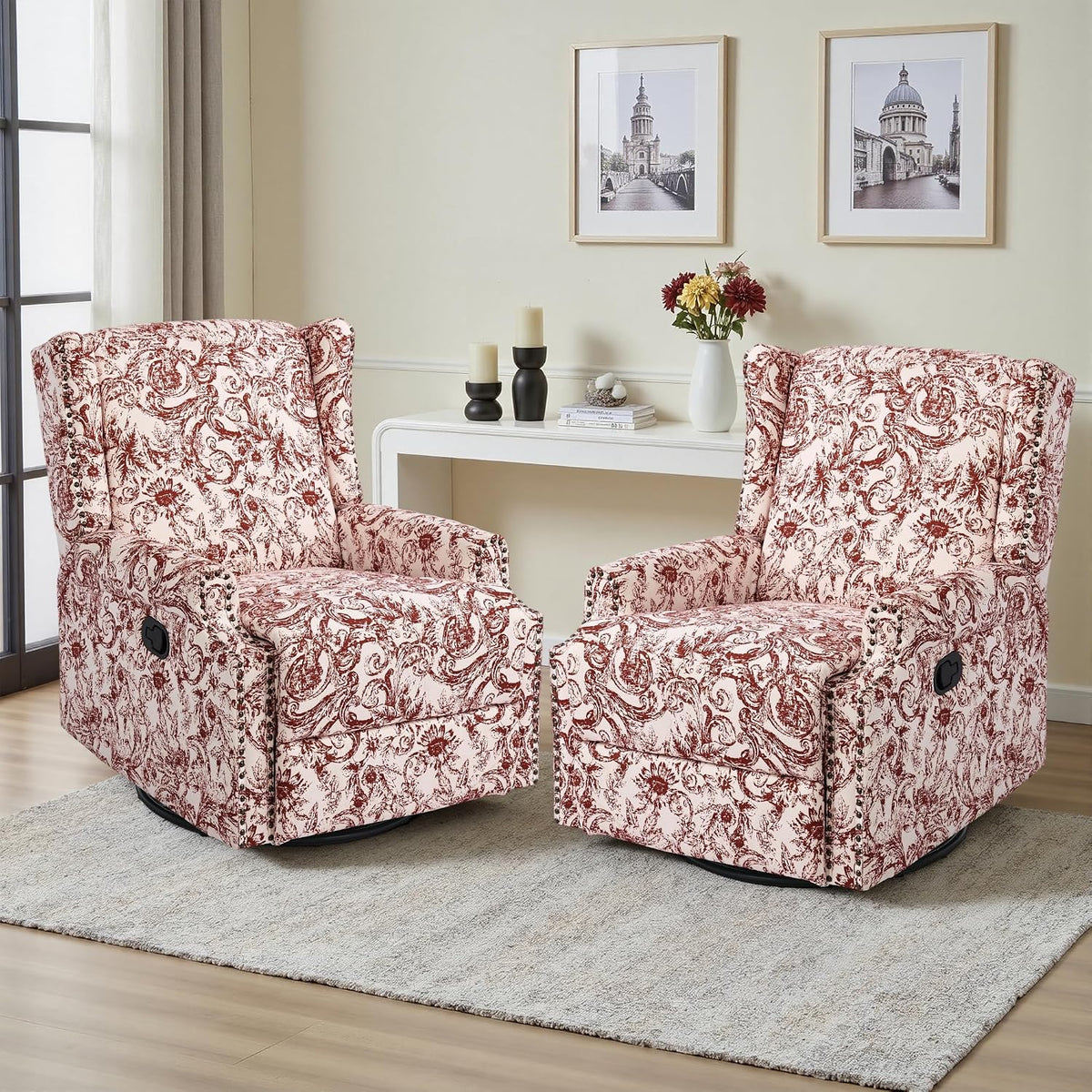 Swivel Rocker Recliner Chair, Floral Wingback Armchair, Navy