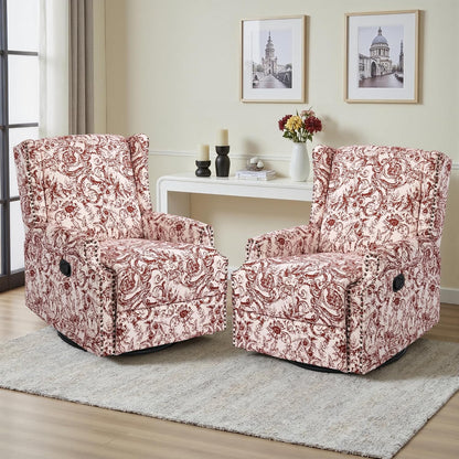 Swivel Rocker Recliner Chair, Floral Wingback Armchair, Navy