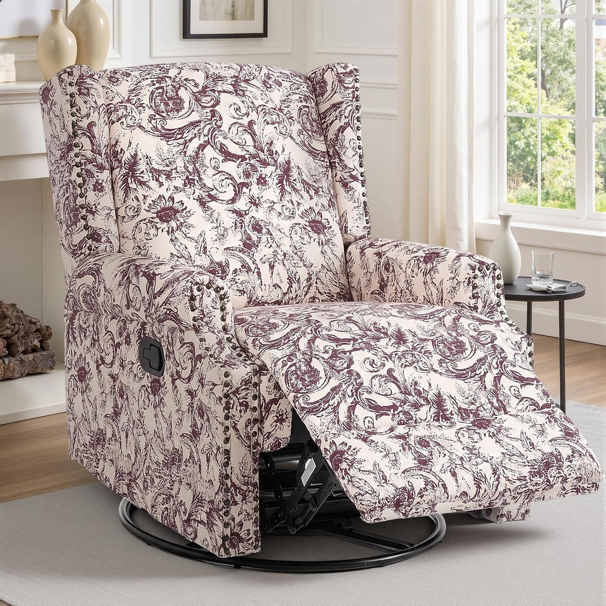 Swivel Rocker Recliner Chair, Floral Wingback Armchair, Navy