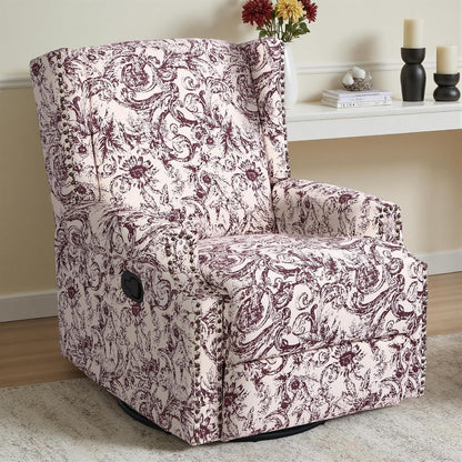 Swivel Rocker Recliner Chair, Floral Wingback Armchair, Navy