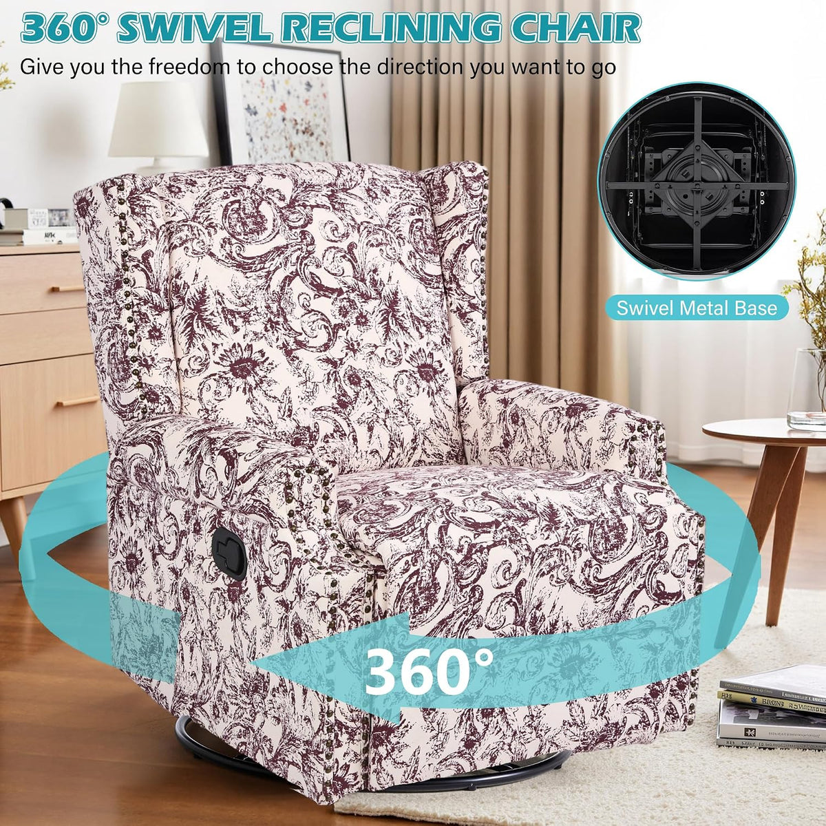 Swivel Rocker Recliner Chair, Floral Wingback Armchair, Navy