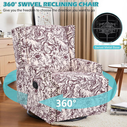 Swivel Rocker Recliner Chair, Floral Wingback Armchair, Navy