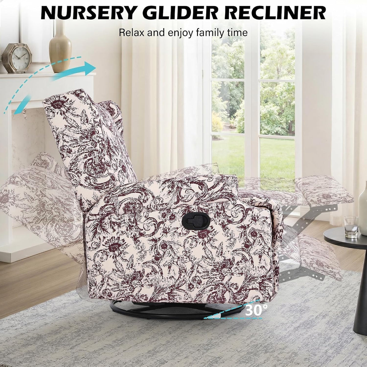 Swivel Rocker Recliner Chair, Floral Wingback Armchair, Navy