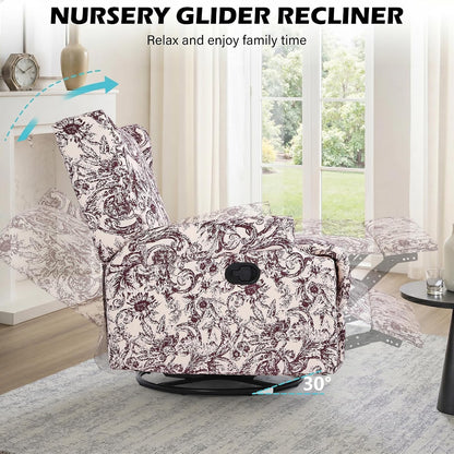 Swivel Rocker Recliner Chair, Floral Wingback Armchair, Navy