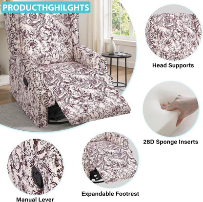 Swivel Rocker Recliner Chair, Floral Wingback Armchair, Navy