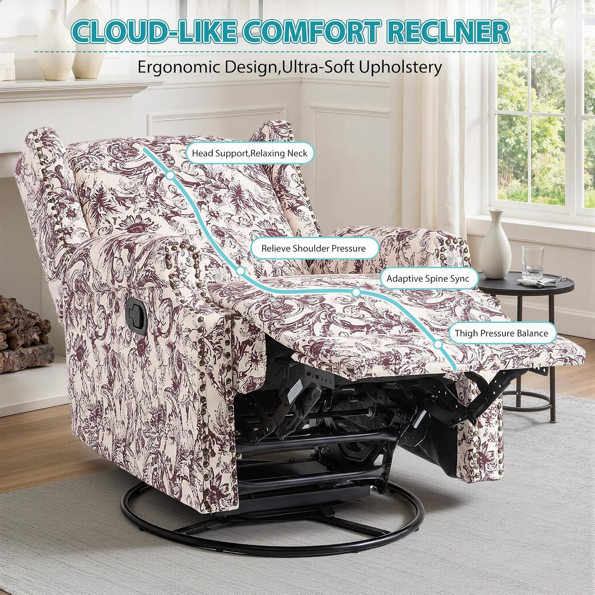 Swivel Rocker Recliner Chair, Floral Wingback Armchair, Navy