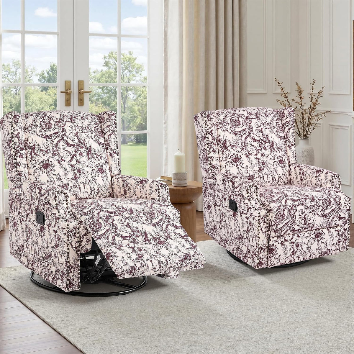 Swivel Rocker Recliner Chair, Floral Wingback Armchair, Navy
