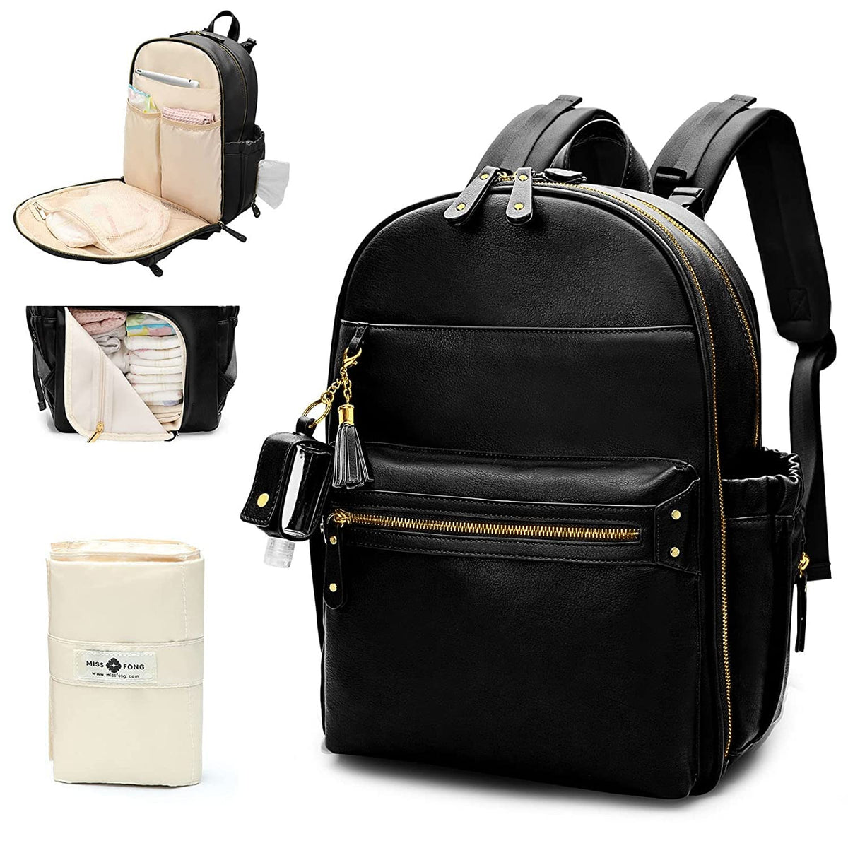 Diaper Bag Backpack Leather Diaper Bag, Baby Diaper Bag for Baby, 16 Pockets with Hand Sanitizer Holder, Changing Pad, 2 Insulated Pockets(Black)