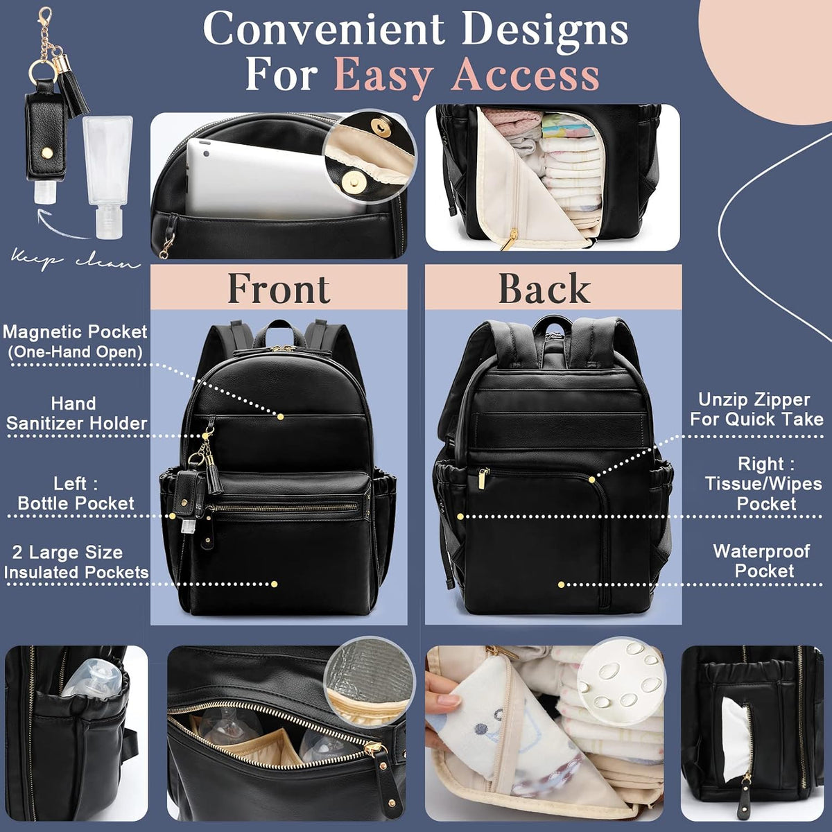 Diaper Bag Backpack Leather Diaper Bag, Baby Diaper Bag for Baby, 16 Pockets with Hand Sanitizer Holder, Changing Pad, 2 Insulated Pockets(Black)