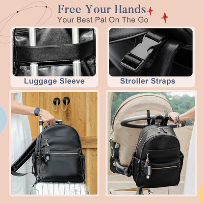 Diaper Bag Backpack Leather Diaper Bag, Baby Diaper Bag for Baby, 16 Pockets with Hand Sanitizer Holder, Changing Pad, 2 Insulated Pockets(Black)