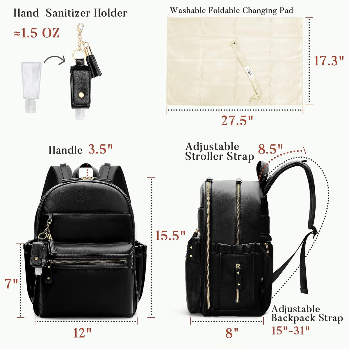 Diaper Bag Backpack Leather Diaper Bag, Baby Diaper Bag for Baby, 16 Pockets with Hand Sanitizer Holder, Changing Pad, 2 Insulated Pockets(Black)