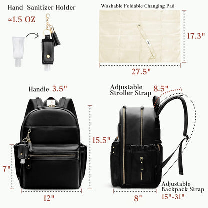 Diaper Bag Backpack Leather Diaper Bag, Baby Diaper Bag for Baby, 16 Pockets with Hand Sanitizer Holder, Changing Pad, 2 Insulated Pockets(Black)