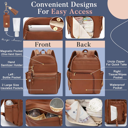 Diaper Bag Backpack Leather Diaper Bag, Baby Diaper Bag for Baby, 16 Pockets with Hand Sanitizer Holder, Changing Pad, 2 Insulated Pockets(Black)