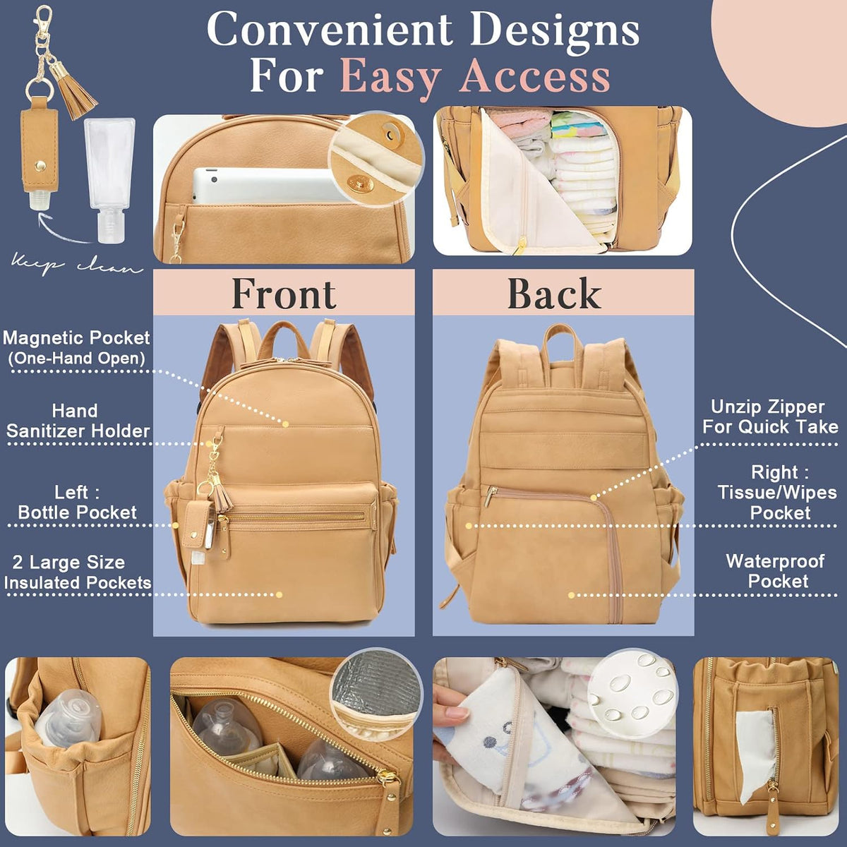 Diaper Bag Backpack Leather Diaper Bag, Baby Diaper Bag for Baby, 16 Pockets with Hand Sanitizer Holder, Changing Pad, 2 Insulated Pockets(Black)