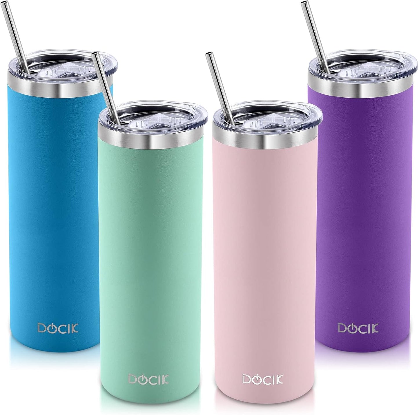 20 oz Straight Skinny Tumblers 4 Pack, Stainless Steel Double Wall Vacuum Insulated Slim Travel Tumbler Cup with Lids and Straws, Gifts for Women Men Him Her