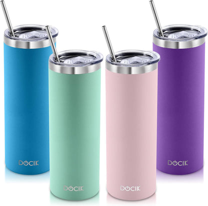 20 oz Straight Skinny Tumblers 4 Pack, Stainless Steel Double Wall Vacuum Insulated Slim Travel Tumbler Cup with Lids and Straws, Gifts for Women Men Him Her