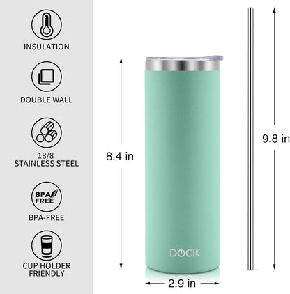 20 oz Straight Skinny Tumblers 4 Pack, Stainless Steel Double Wall Vacuum Insulated Slim Travel Tumbler Cup with Lids and Straws, Gifts for Women Men Him Her