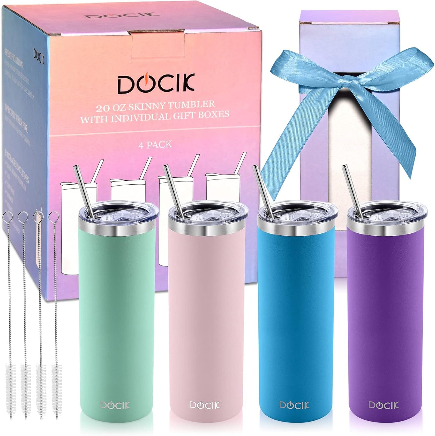 20 oz Straight Skinny Tumblers 4 Pack, Stainless Steel Double Wall Vacuum Insulated Slim Travel Tumbler Cup with Lids and Straws, Gifts for Women Men Him Her
