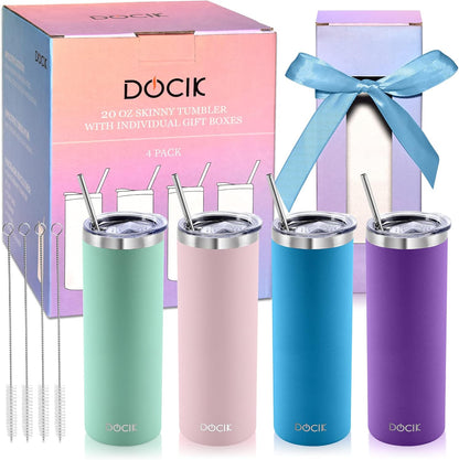 20 oz Straight Skinny Tumblers 4 Pack, Stainless Steel Double Wall Vacuum Insulated Slim Travel Tumbler Cup with Lids and Straws, Gifts for Women Men Him Her