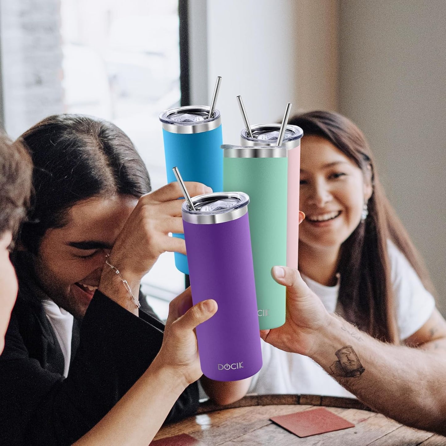 20 oz Straight Skinny Tumblers 4 Pack, Stainless Steel Double Wall Vacuum Insulated Slim Travel Tumbler Cup with Lids and Straws, Gifts for Women Men Him Her