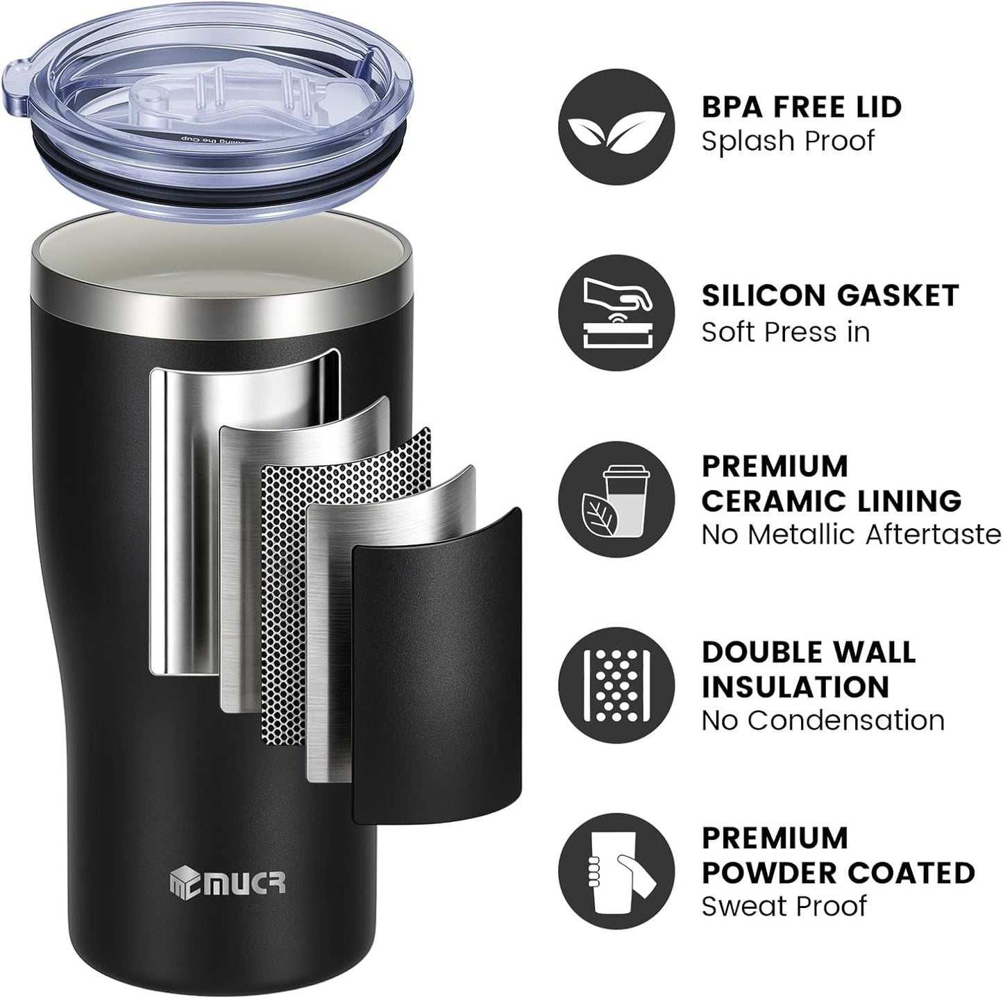 17oz Ceramic Lined Travel Tumbler Fits Car Cup Holder,White | Cleaning Brush, Excellent Heat Retention, Sweat-Proof, Easy to Clean, Ideal for Travel, Coffee, Tea