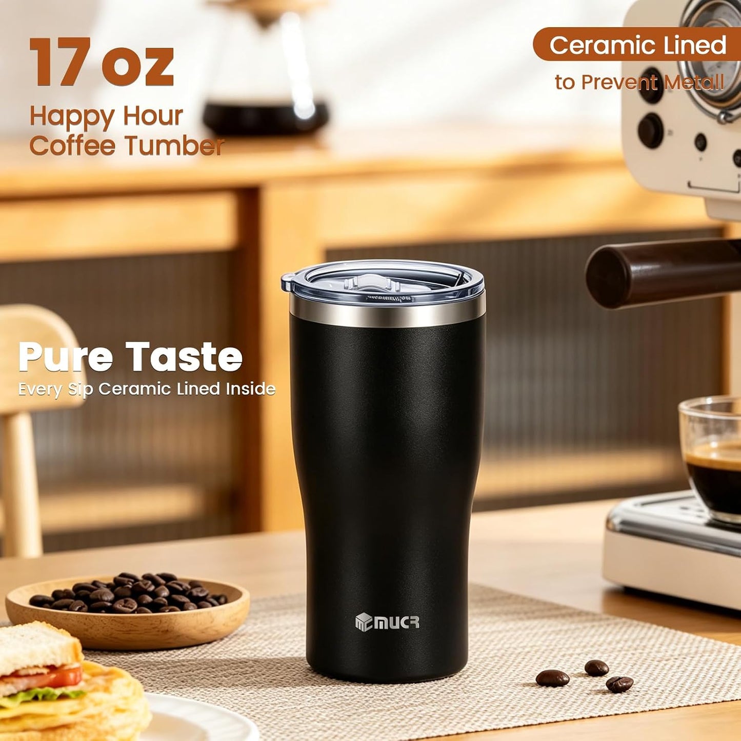 17oz Ceramic Lined Travel Tumbler Fits Car Cup Holder,White | Cleaning Brush, Excellent Heat Retention, Sweat-Proof, Easy to Clean, Ideal for Travel, Coffee, Tea