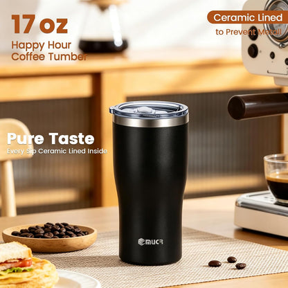 17oz Ceramic Lined Travel Tumbler Fits Car Cup Holder,White | Cleaning Brush, Excellent Heat Retention, Sweat-Proof, Easy to Clean, Ideal for Travel, Coffee, Tea