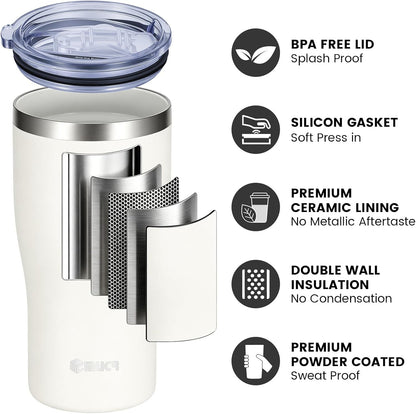 17oz Ceramic Lined Travel Tumbler Fits Car Cup Holder,White | Cleaning Brush, Excellent Heat Retention, Sweat-Proof, Easy to Clean, Ideal for Travel, Coffee, Tea