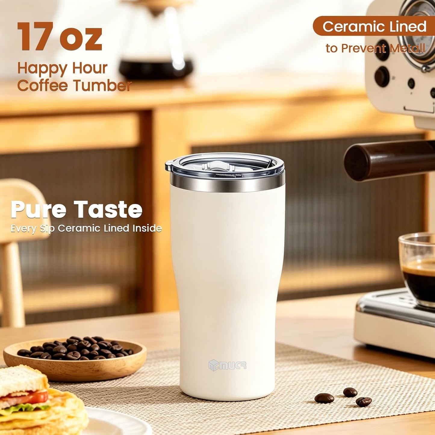 17oz Ceramic Lined Travel Tumbler Fits Car Cup Holder,White | Cleaning Brush, Excellent Heat Retention, Sweat-Proof, Easy to Clean, Ideal for Travel, Coffee, Tea