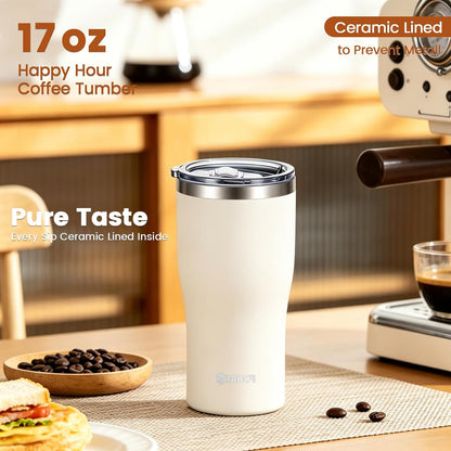 17oz Ceramic Lined Travel Tumbler Fits Car Cup Holder,White | Cleaning Brush, Excellent Heat Retention, Sweat-Proof, Easy to Clean, Ideal for Travel, Coffee, Tea