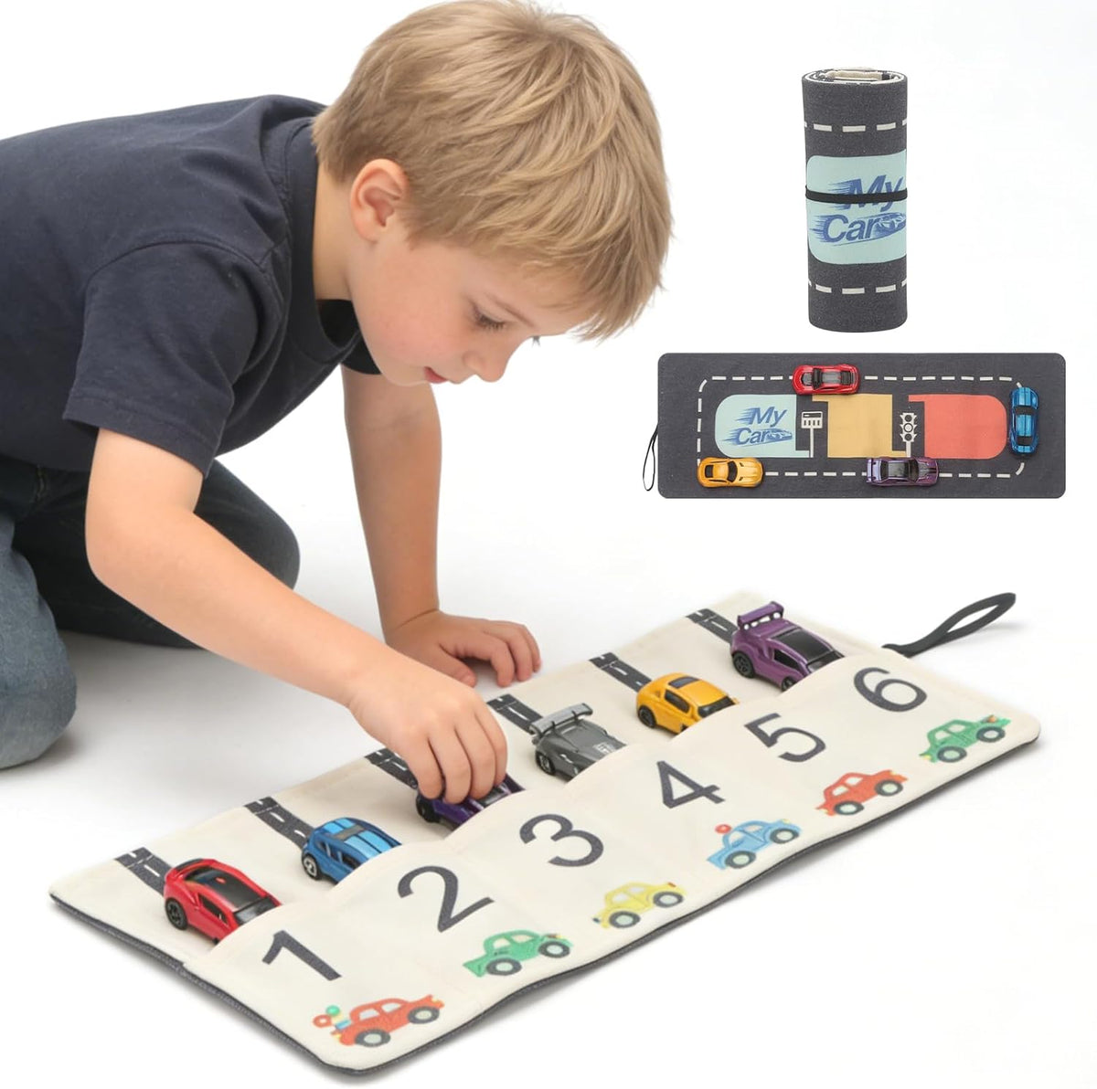 Portable Toy Car Storage Roll and Playmat - Travel Car Carrier Organizer Case for 6 Small Cars - Compatible with Hot Wheels & Matchbox, Toddler Quiet Play Activity Mat for Airplane