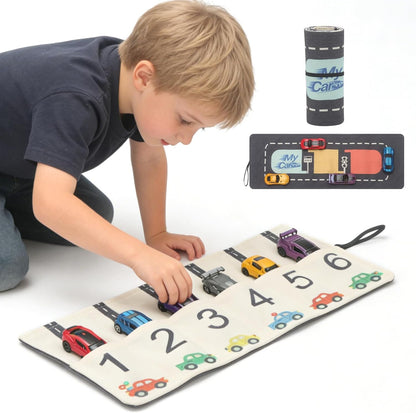 Portable Toy Car Storage Roll and Playmat - Travel Car Carrier Organizer Case for 6 Small Cars - Compatible with Hot Wheels & Matchbox, Toddler Quiet Play Activity Mat for Airplane