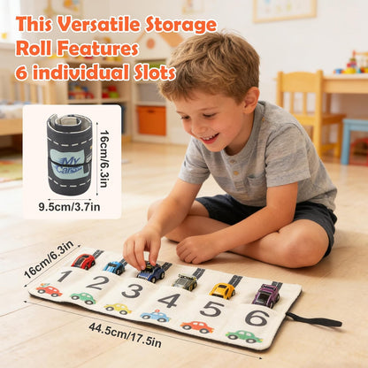 Portable Toy Car Storage Roll and Playmat - Travel Car Carrier Organizer Case for 6 Small Cars - Compatible with Hot Wheels & Matchbox, Toddler Quiet Play Activity Mat for Airplane