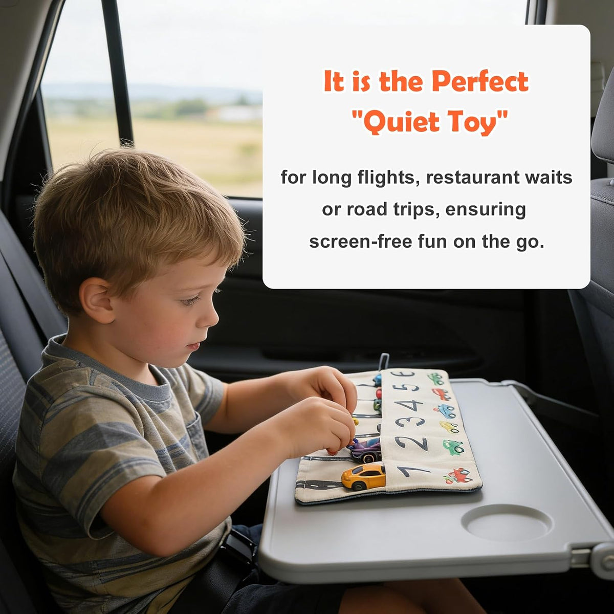 Portable Toy Car Storage Roll and Playmat - Travel Car Carrier Organizer Case for 6 Small Cars - Compatible with Hot Wheels & Matchbox, Toddler Quiet Play Activity Mat for Airplane