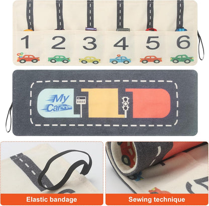 Portable Toy Car Storage Roll and Playmat - Travel Car Carrier Organizer Case for 6 Small Cars - Compatible with Hot Wheels & Matchbox, Toddler Quiet Play Activity Mat for Airplane